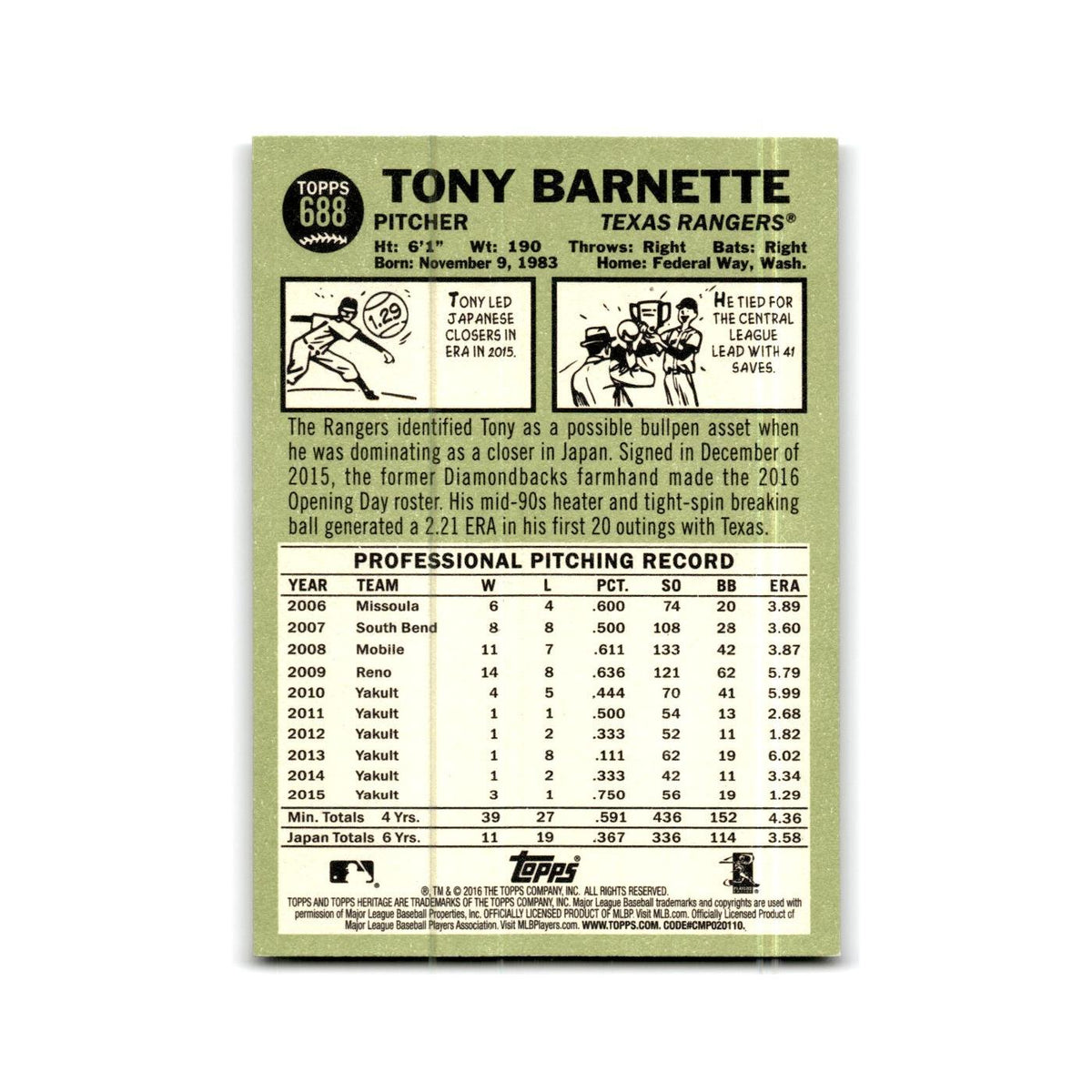 Tony Barnette Rookie 2016 Topps Heritage #688 Texas Rangers Baseball Card NM