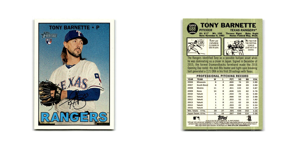 Tony Barnette Rookie 2016 Topps Heritage #688 Texas Rangers Baseball Card NM