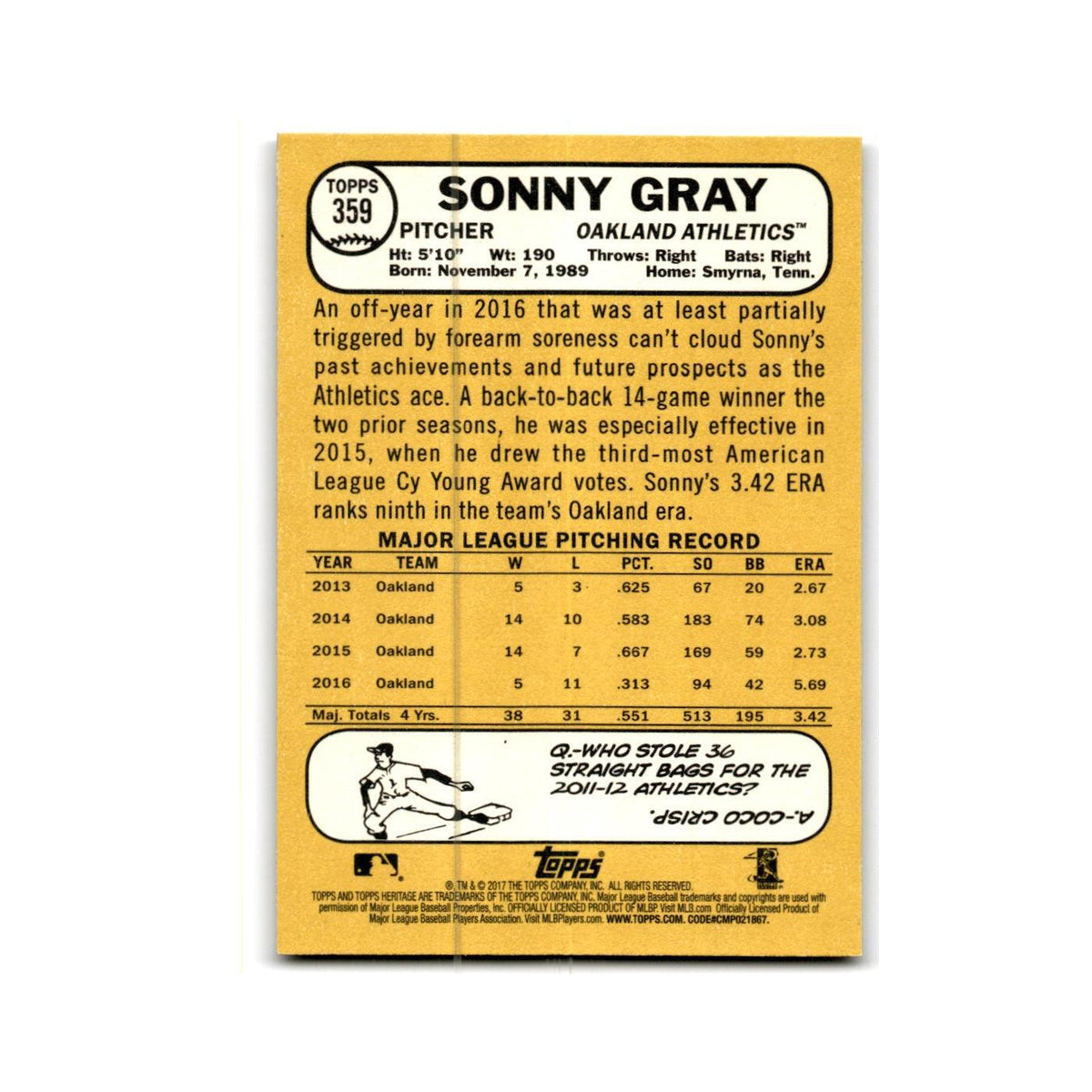 Sonny Gray 2017 Topps Heritage #359 Oakland Athletics Baseball Card NM
