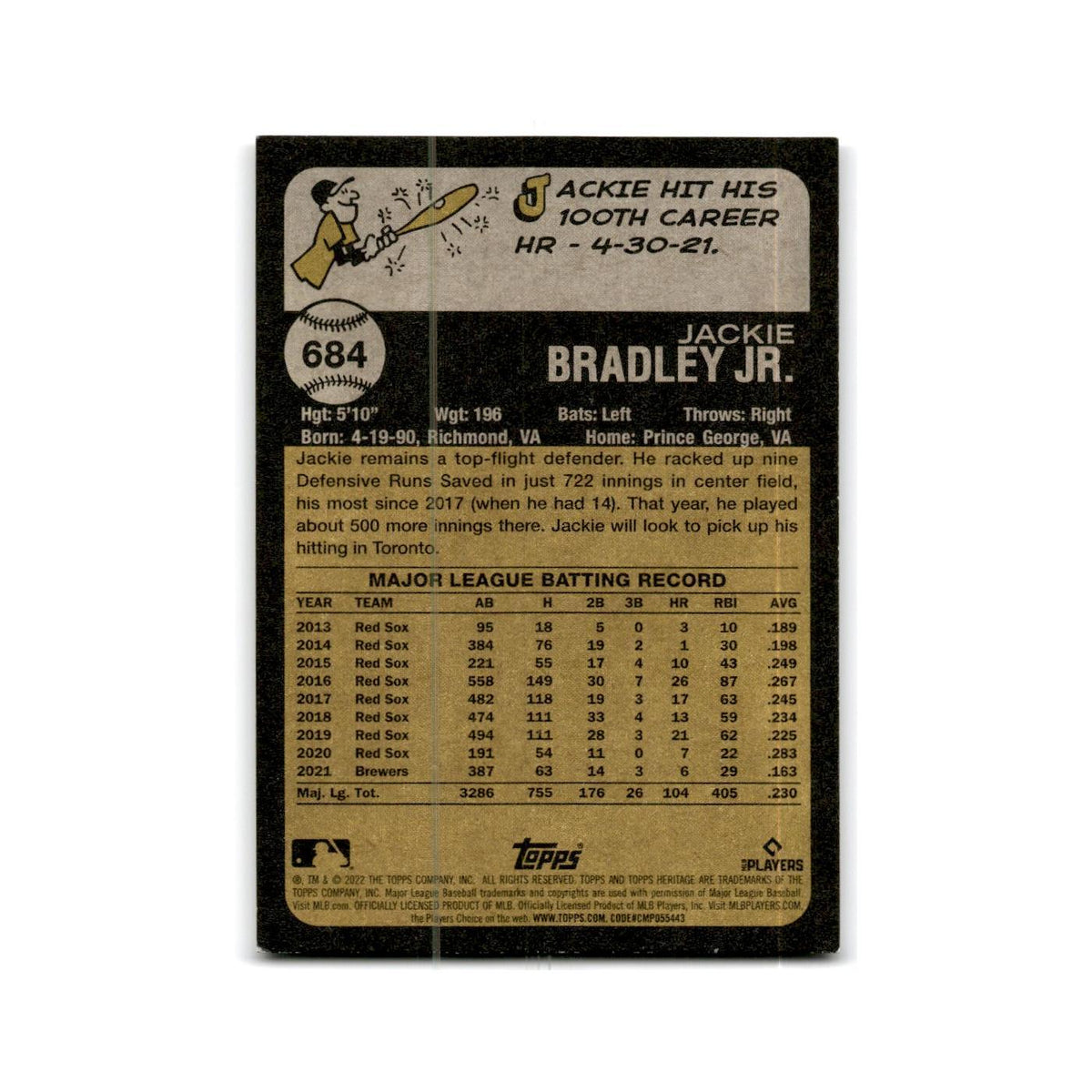 Jackie Bradley 2022 Topps Heritage #684 Toronto Blue Jays Baseball Card NM