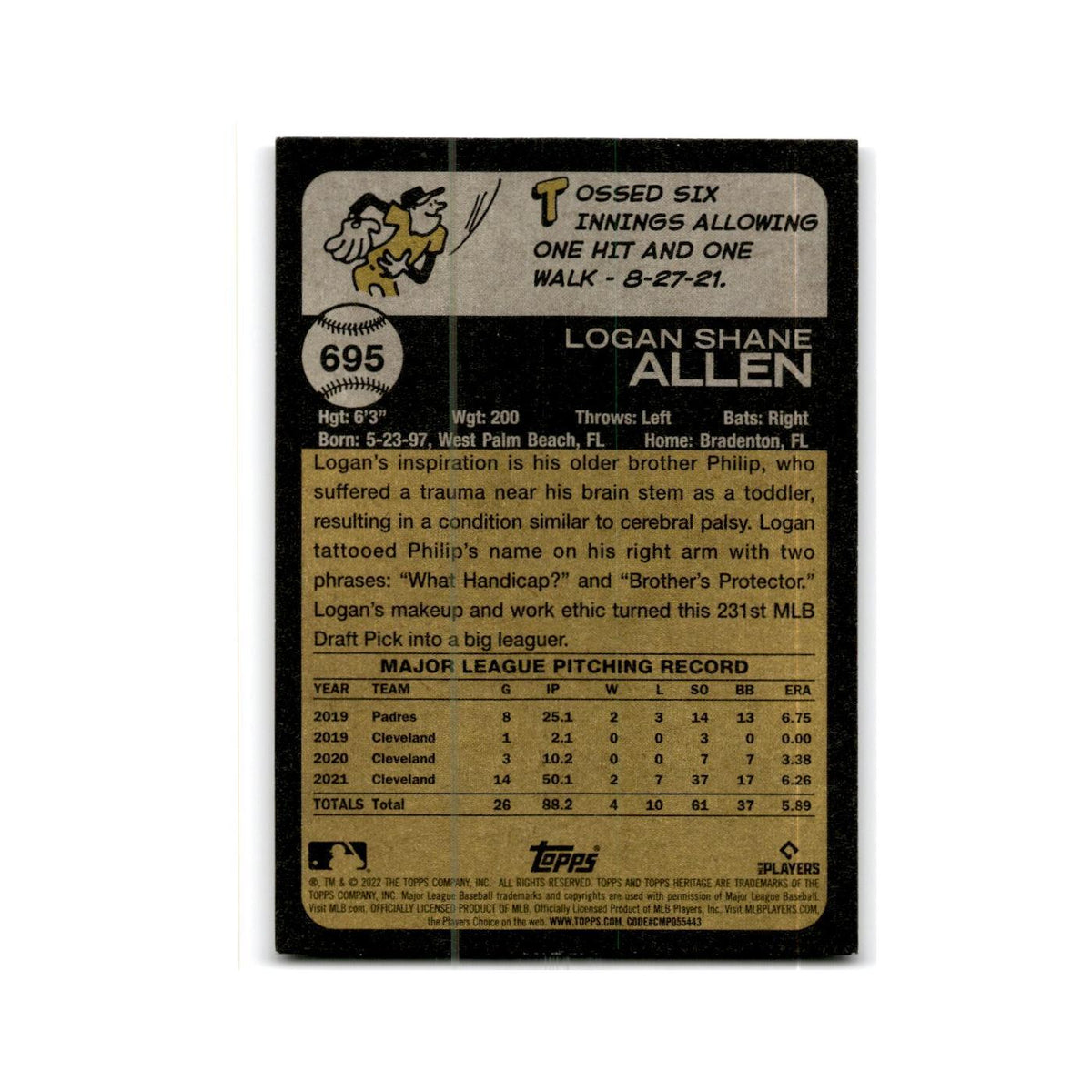 Logan allen 2022 Topps Heritage #695 Cleveland Guardians Baseball Card NM