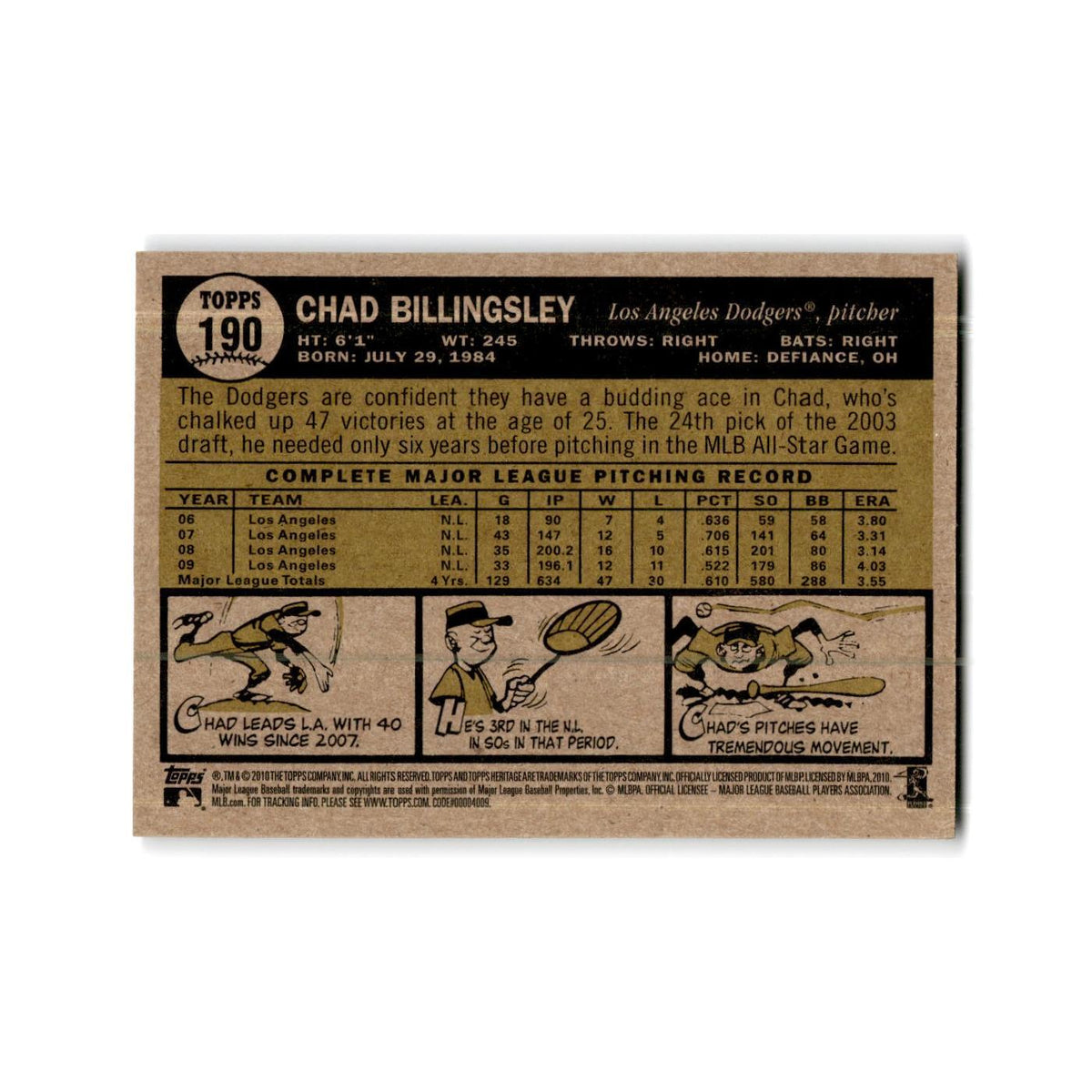 Chad Billingsley 2010 Topps Heritage #190 Los Angeles Dodgers Baseball Card NM