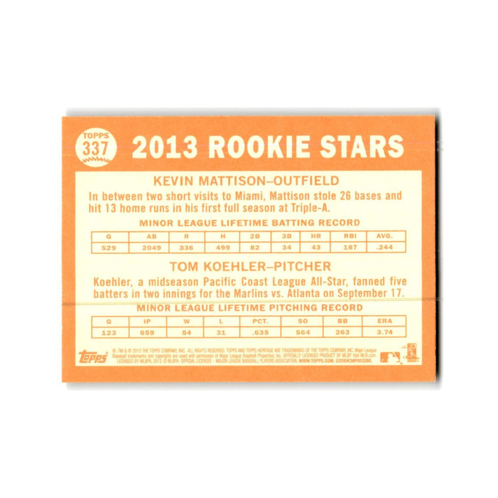 Kevin Mattison Tom Koehler Rookie 2013 Topps Heritage #337 Miami Marlins NM