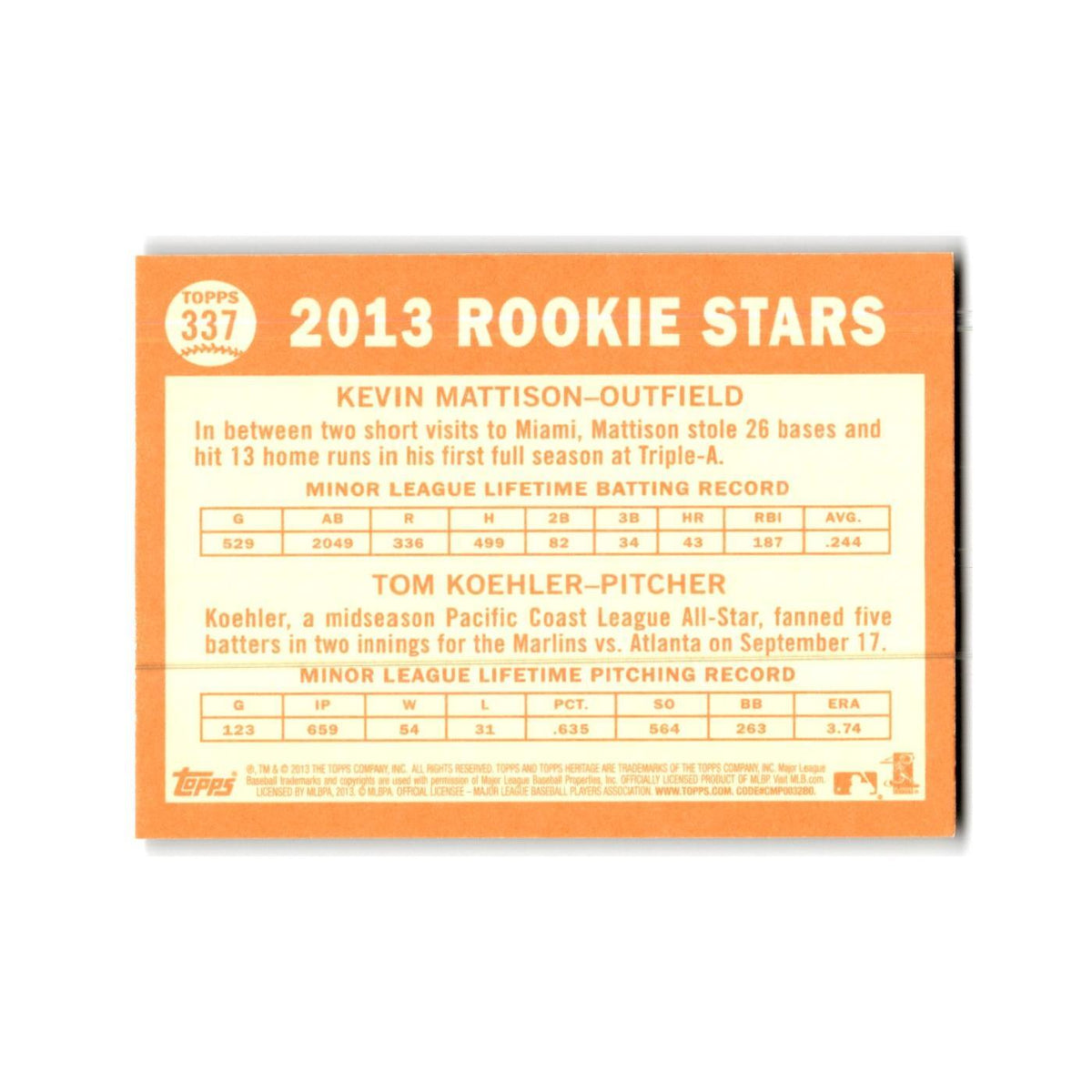 Kevin Mattison Tom Koehler Rookie 2013 Topps Heritage #337 Miami Marlins NM