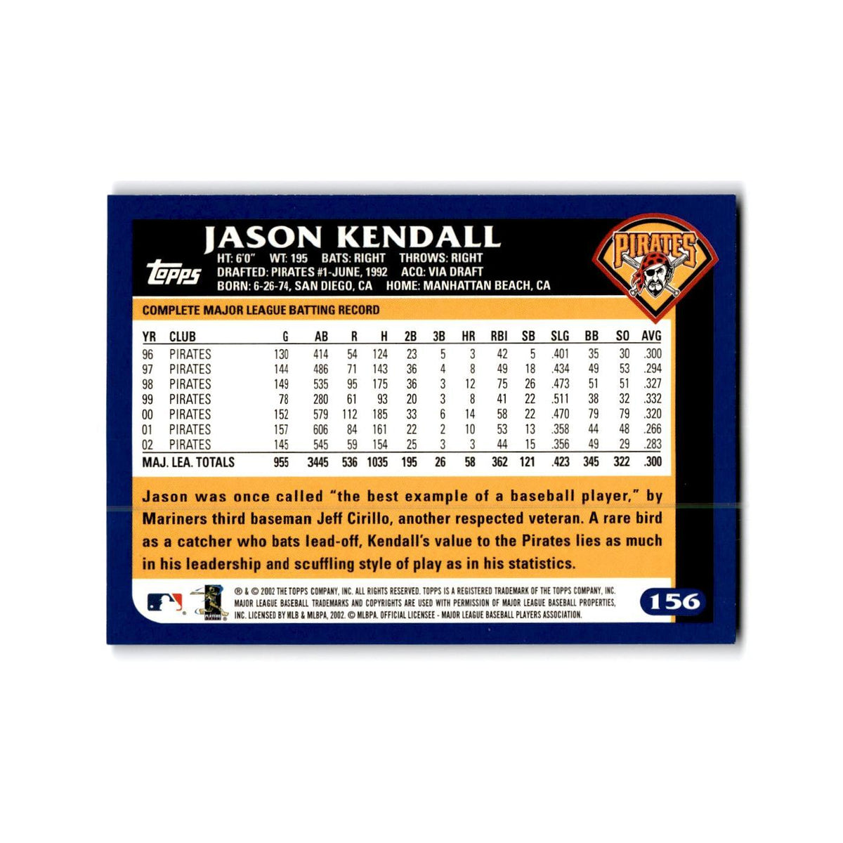Jason Kendall 2003 Topps #156 Pittsburgh Pirates Baseball Card NM