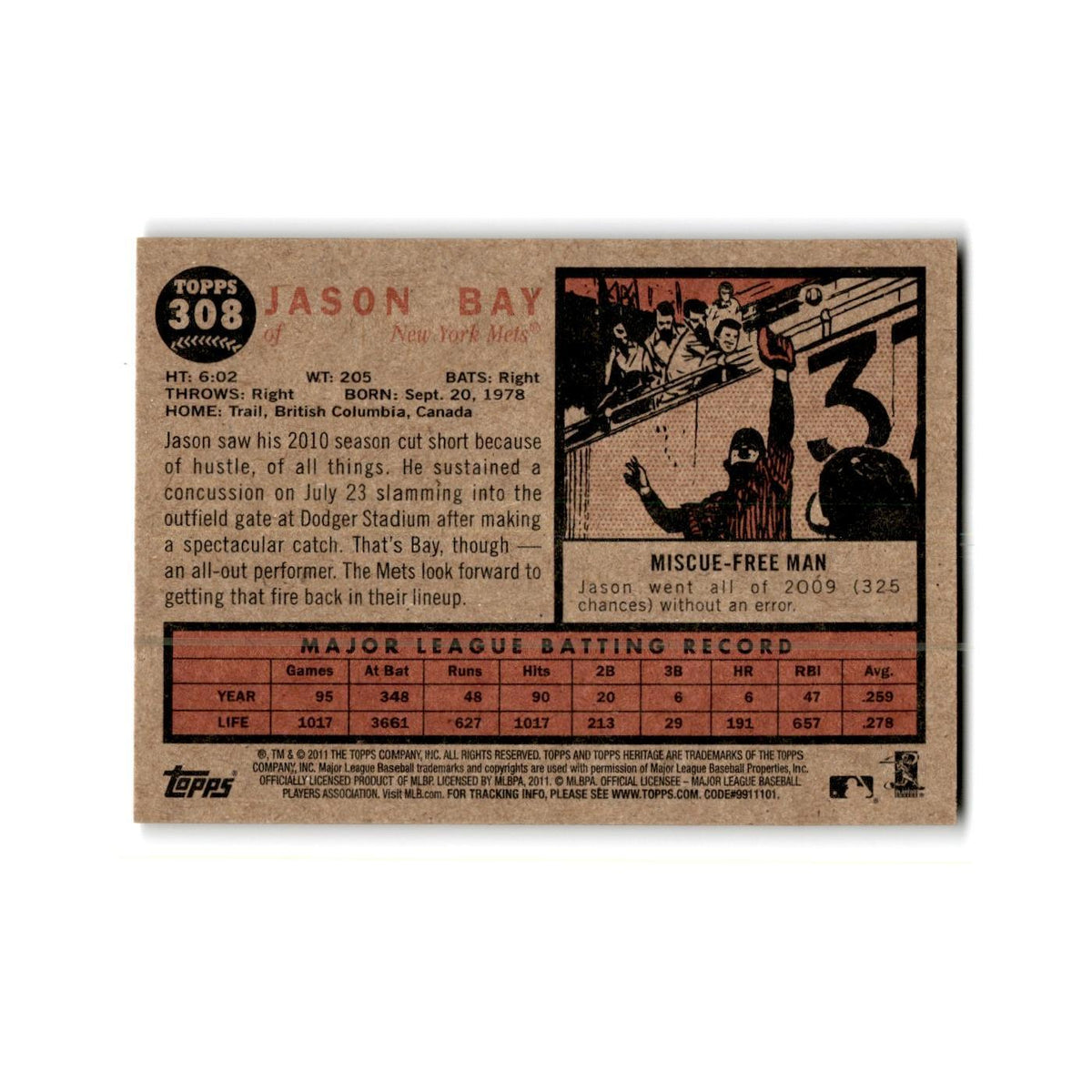 Jason Bay 2011 Topps Heritage #308 New York Mets Baseball Card NM