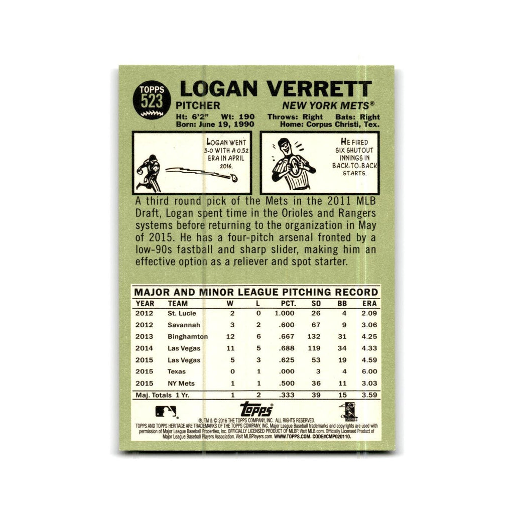 Logan Verrett 2016 Topps Heritage #523 New York Mets Baseball Card NM