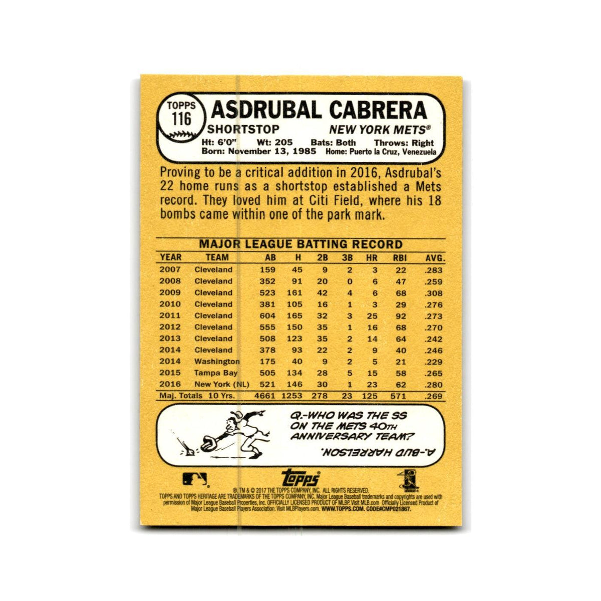 Asdrubal Cabrera 2017 Topps Heritage #116 New York Mets Baseball Card NM