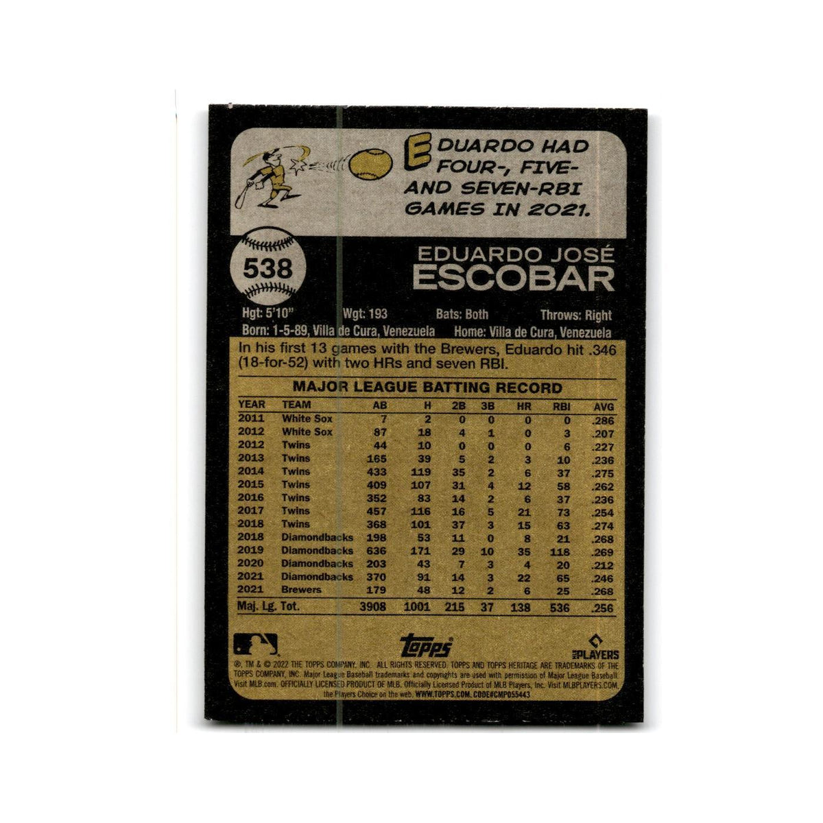 Eduardo Escobar 2022 Topps Heritage #538 New York Mets Baseball Card NM