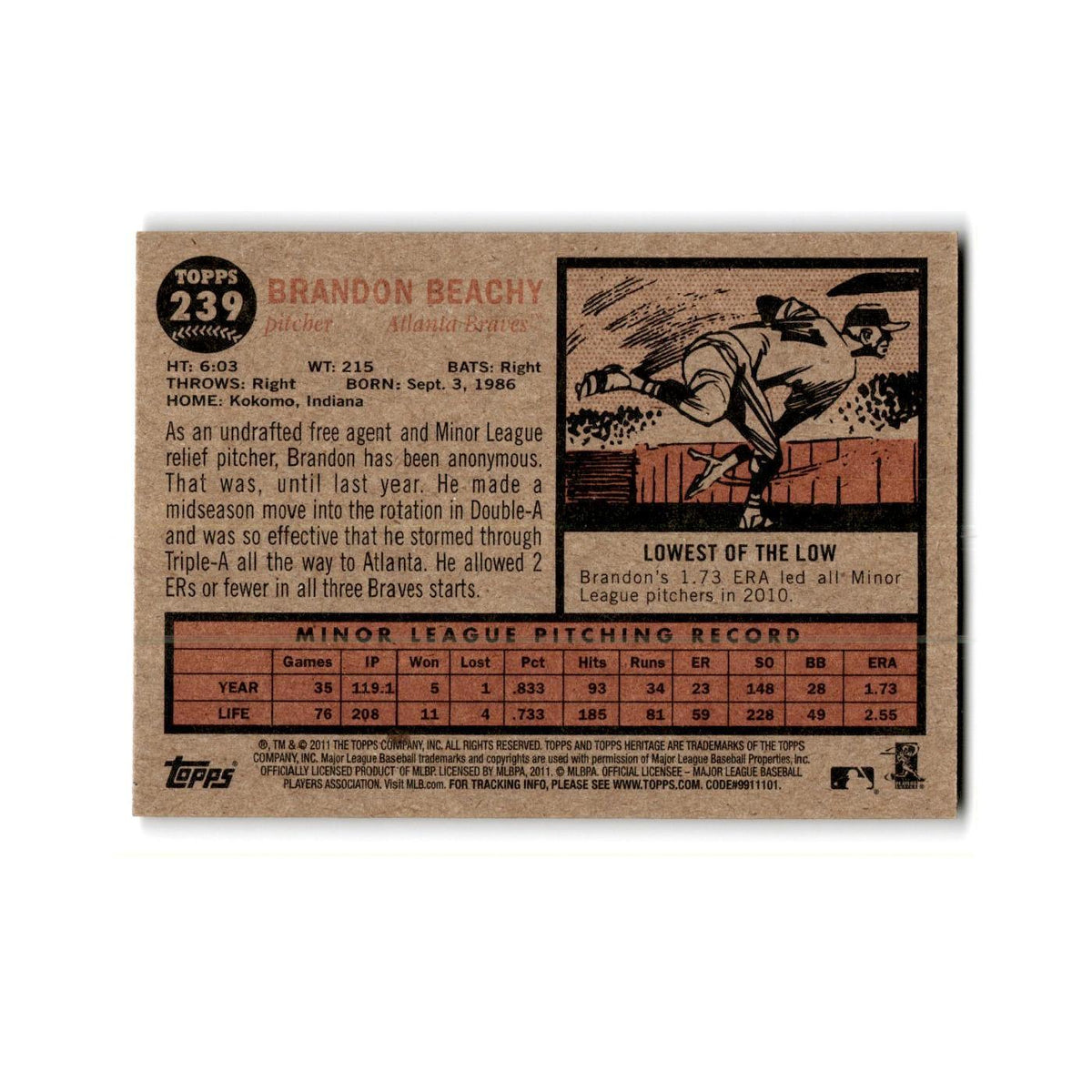 Brandon Beachy Rookie 2011 Topps Heritage #239 Atlanta Braves Baseball Card NM