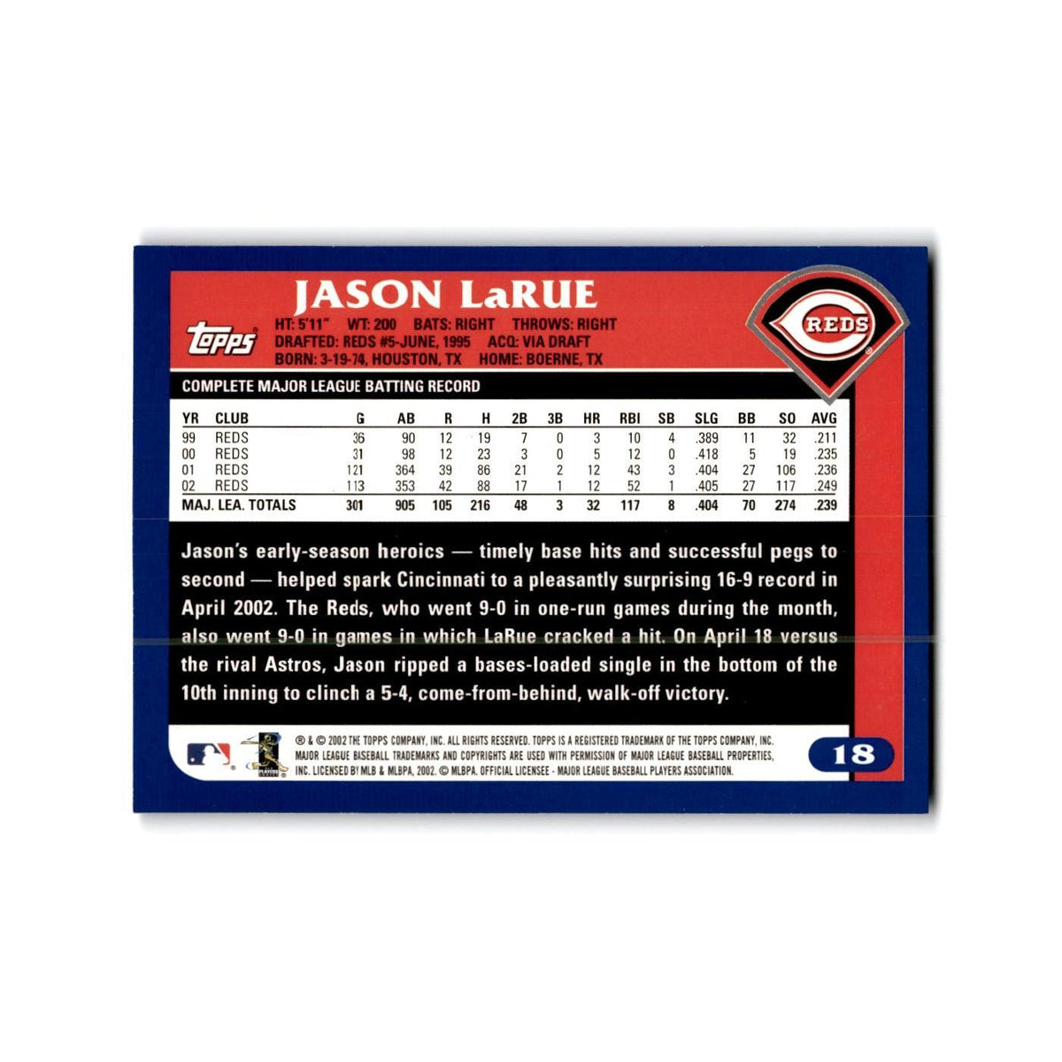 Jason Larue 2003 Topps #18 Cincinnati Reds Baseball Card NM
