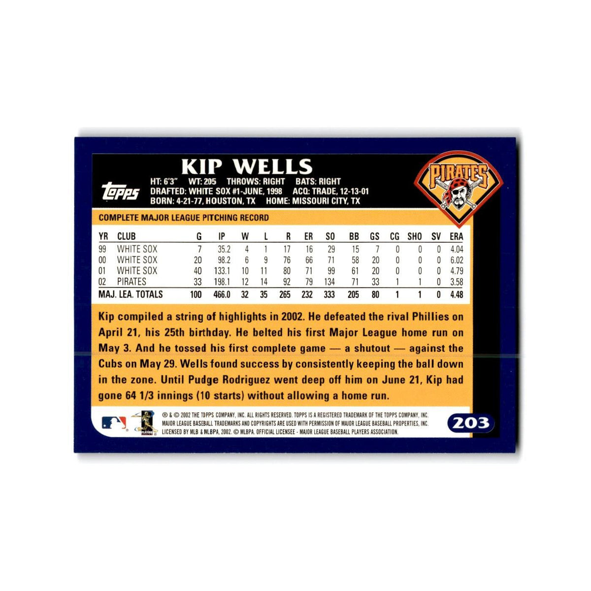 Kip Wells 2003 Topps #203 Pittsburgh Pirates Baseball Card NM