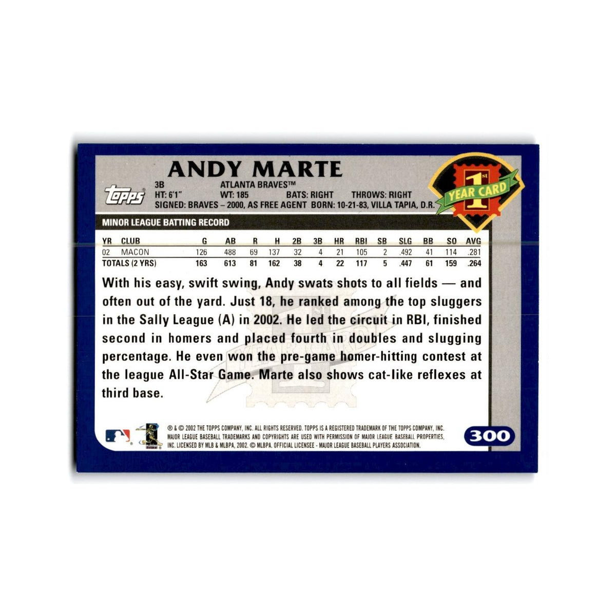 Andy Marte Rookie 2003 Topps #300 Atlanta Braves Baseball Card NM