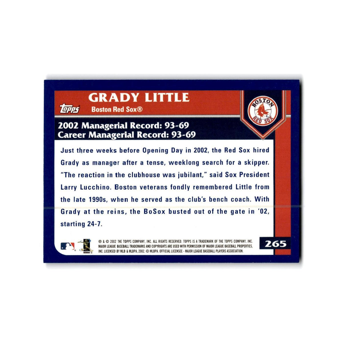 Grady Little 2003 Topps #265 Boston Red Sox Baseball Card NM