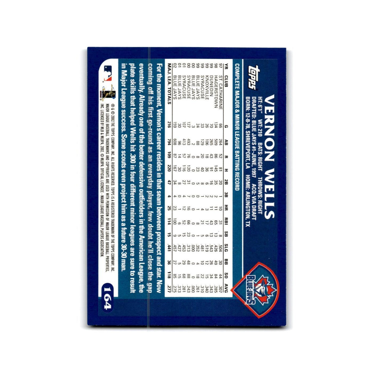 Vernon Wells 2003 Topps #164 Toronto Blue Jays Baseball Card NM