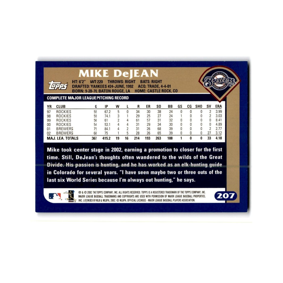Mike DeJean 2003 Topps #207 Milwaukee Brewers Baseball Card NM