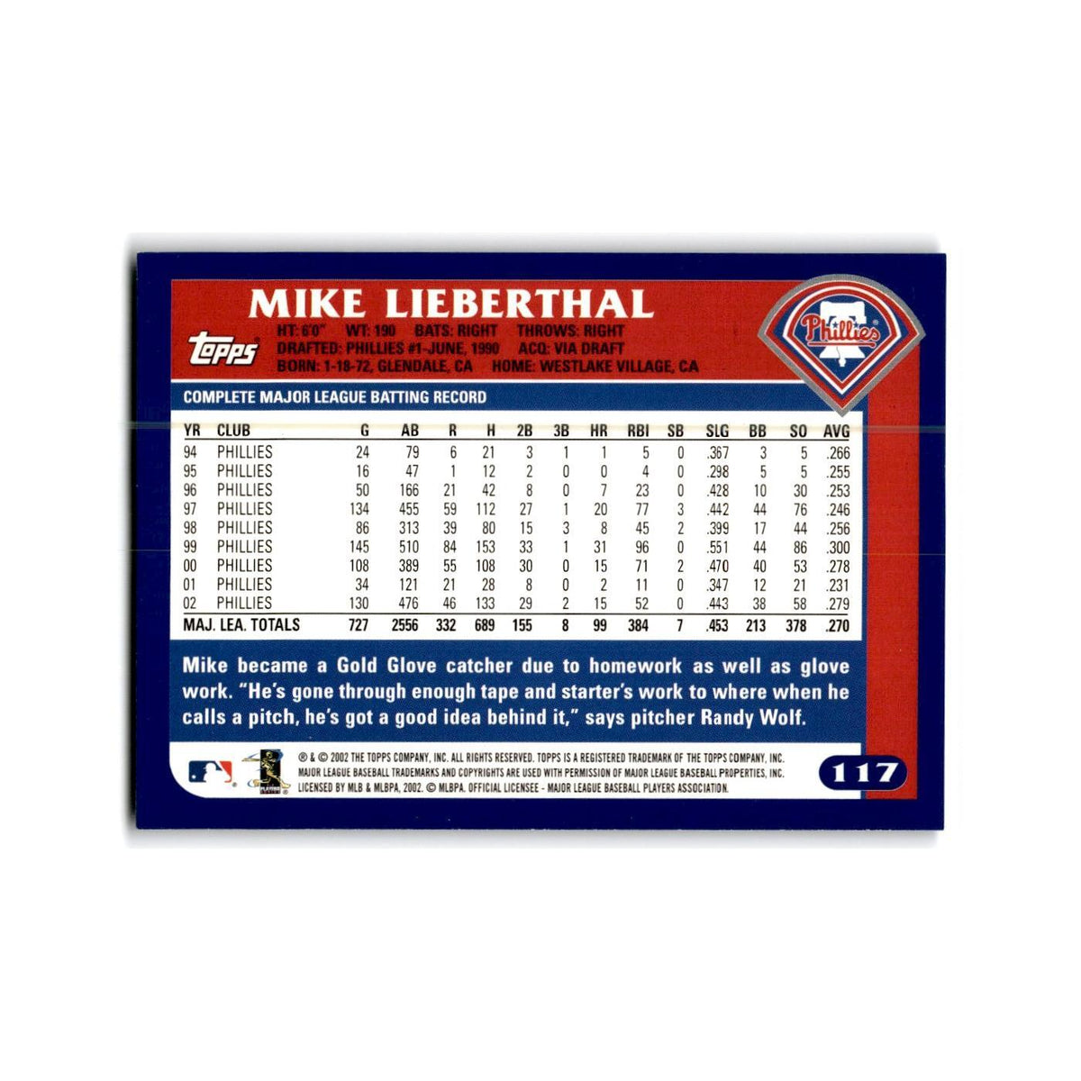Mike Lieberthal 2003 Topps #117 Philadelphia Phillies Baseball Card NM
