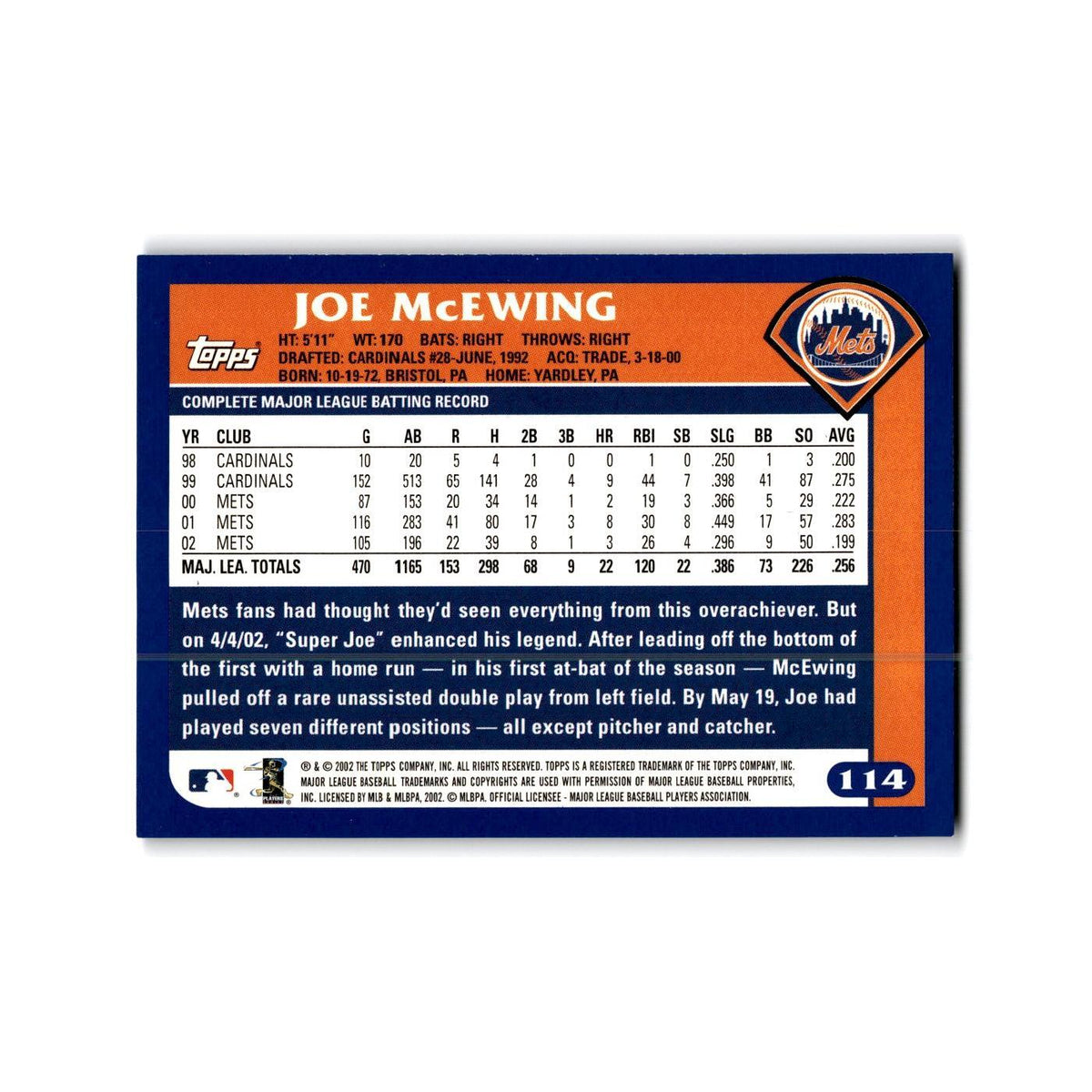 Joe McEwing 2003 Topps #114 New York Mets Baseball Card NM