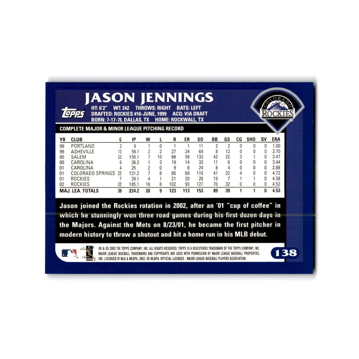 Jason Jennings 2003 Topps #138 Colorado Rockies Baseball Card NM