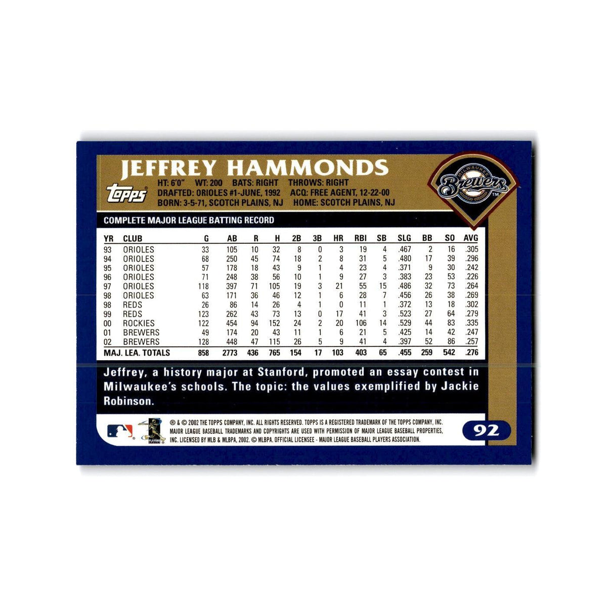 Jeffrey Hammonds 2003 Topps #92 Milwaukee Brewers Baseball Card NM