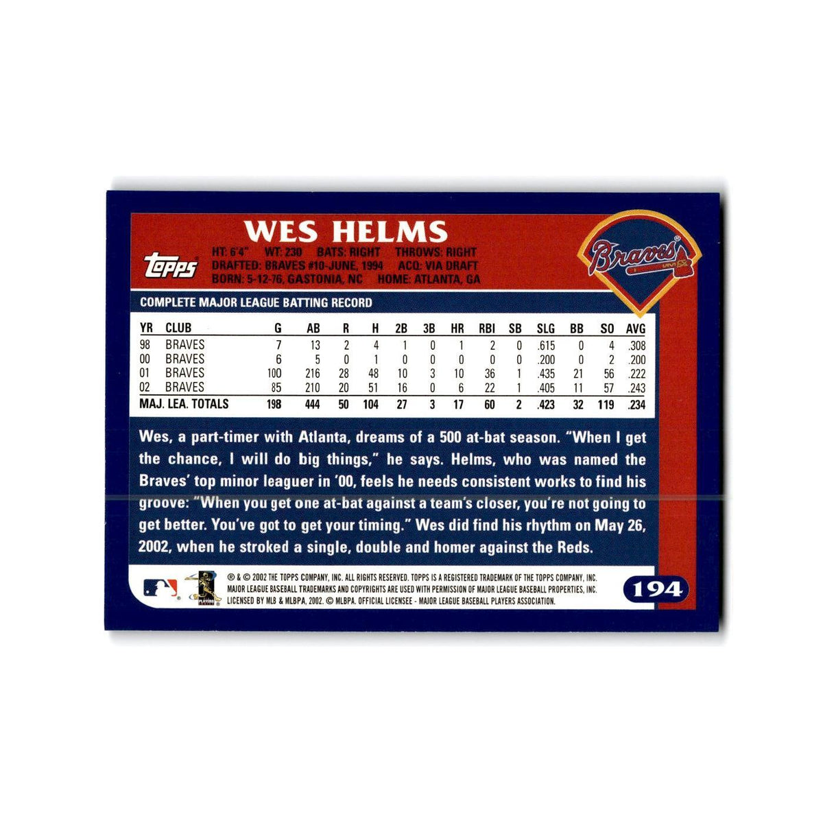 Wes Helms 2003 Topps #194 Atlanta Braves Baseball Card NM