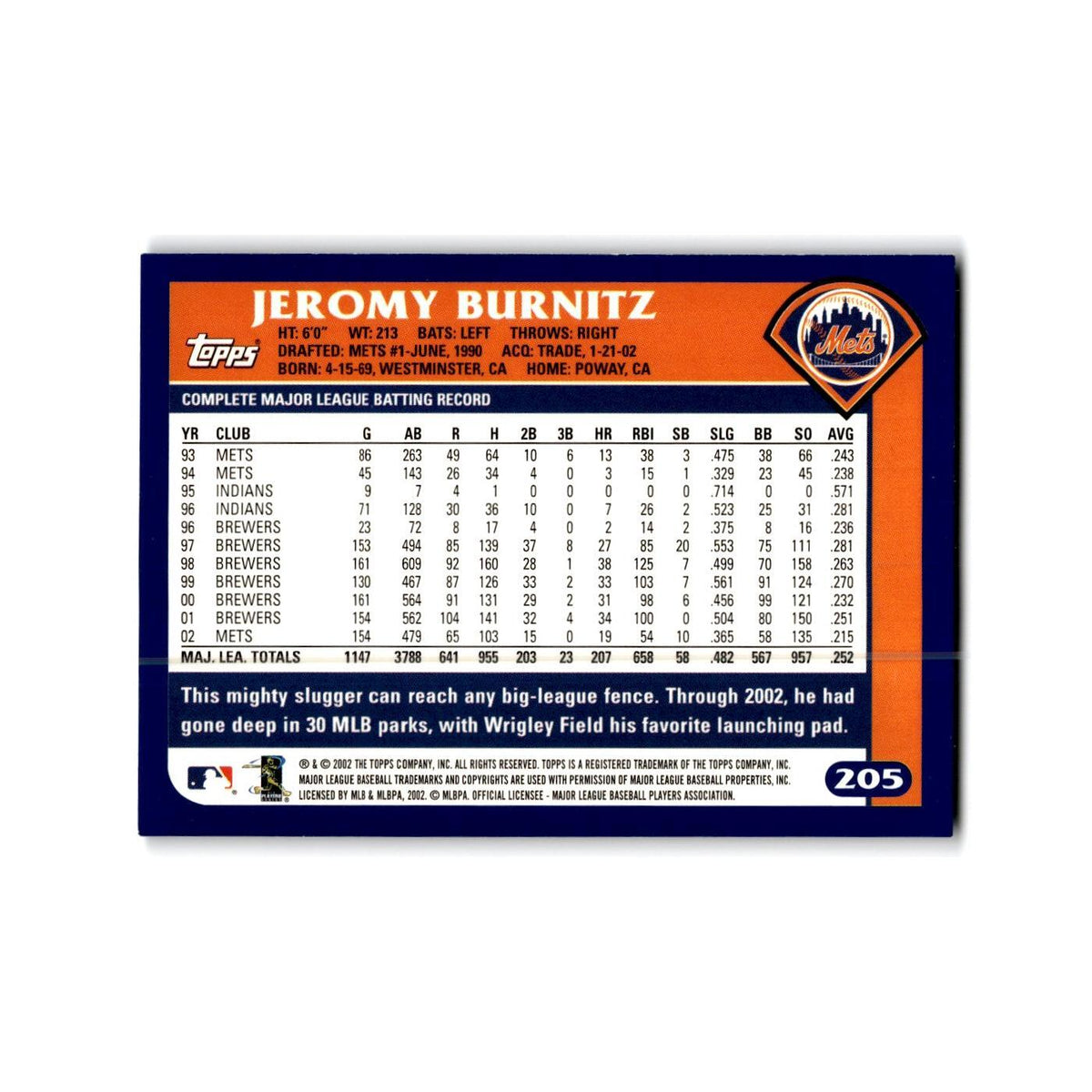 Jeromy Burnitz 2003 Topps #205 New York Mets Baseball Card NM