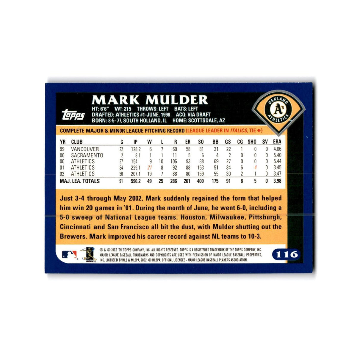 Mark Mulder 2003 Topps #6 Oakland Athletics Baseball Card NM