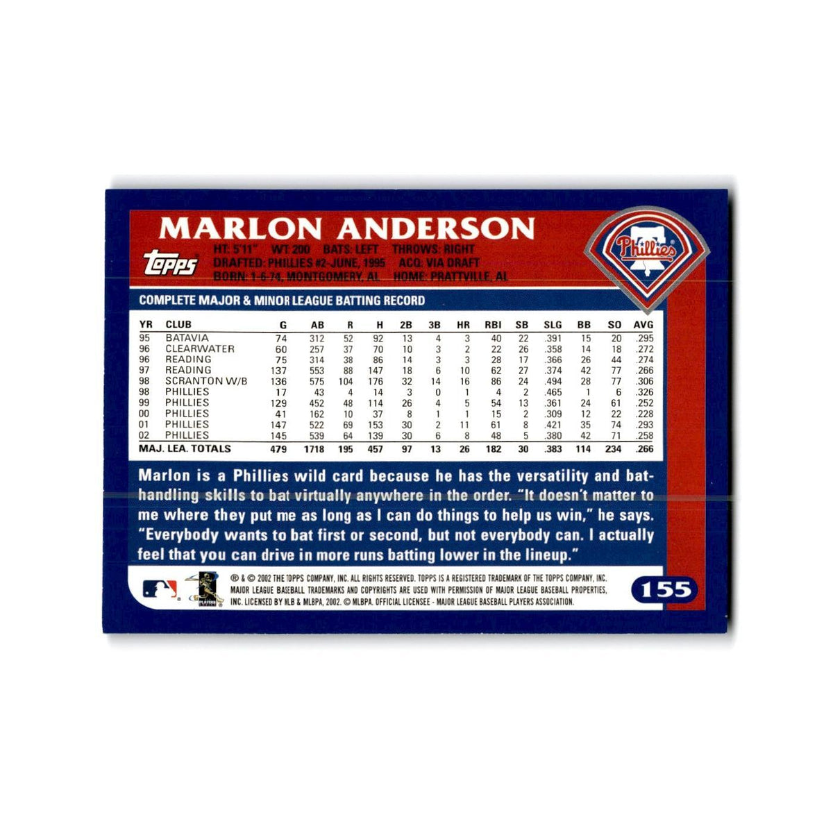 Marlon Anderson 2003 Topps #155 Philadelphia Phillies Baseball Card NM