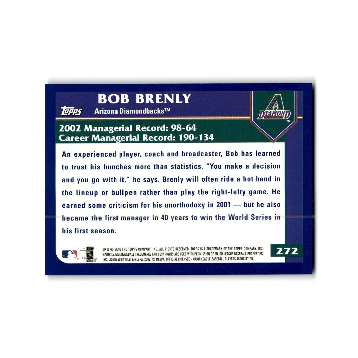 Bob Brenly 2003 Topps #272 Arizona Diamondbacks Baseball Card NM