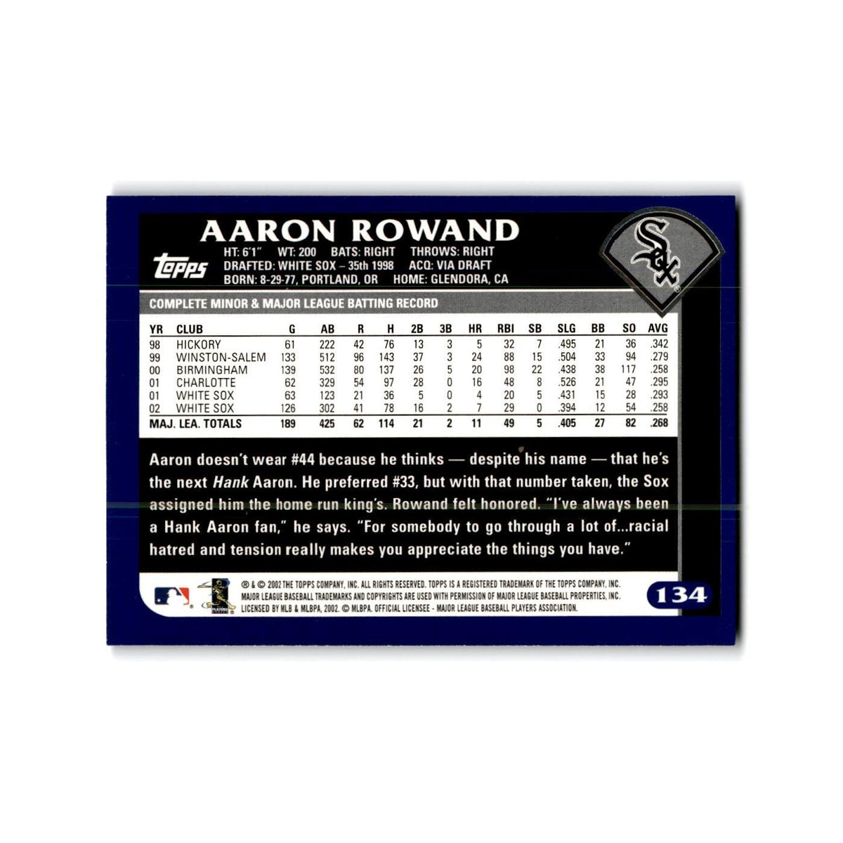 Aaron Rowand 2003 Topps #134 Chicago White Sox Baseball Card NM