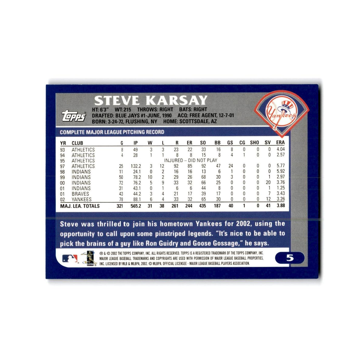 Steve Karsay 2003 Topps #5 New York Yankees Baseball Card NM