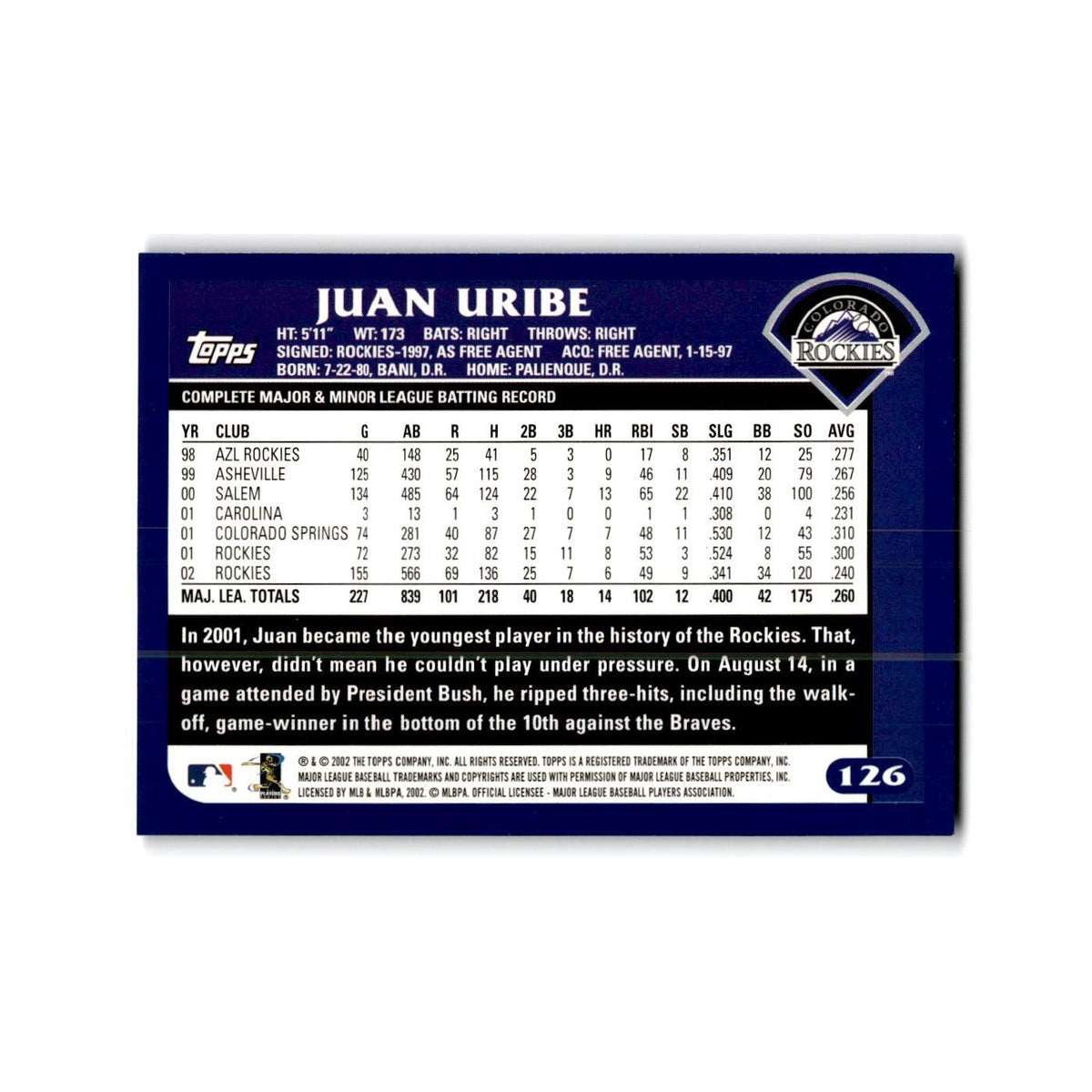 Juan Uribe 2003 Topps #126 Colorado Rockies Baseball Card NM