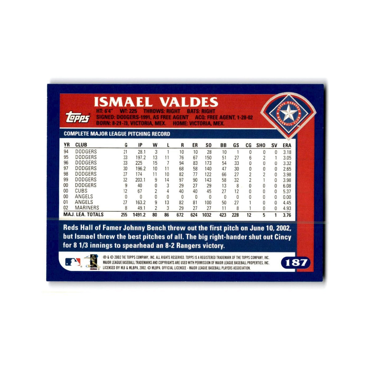 Ismael Valdes 2003 Topps #187 Texas Rangers Baseball Card NM