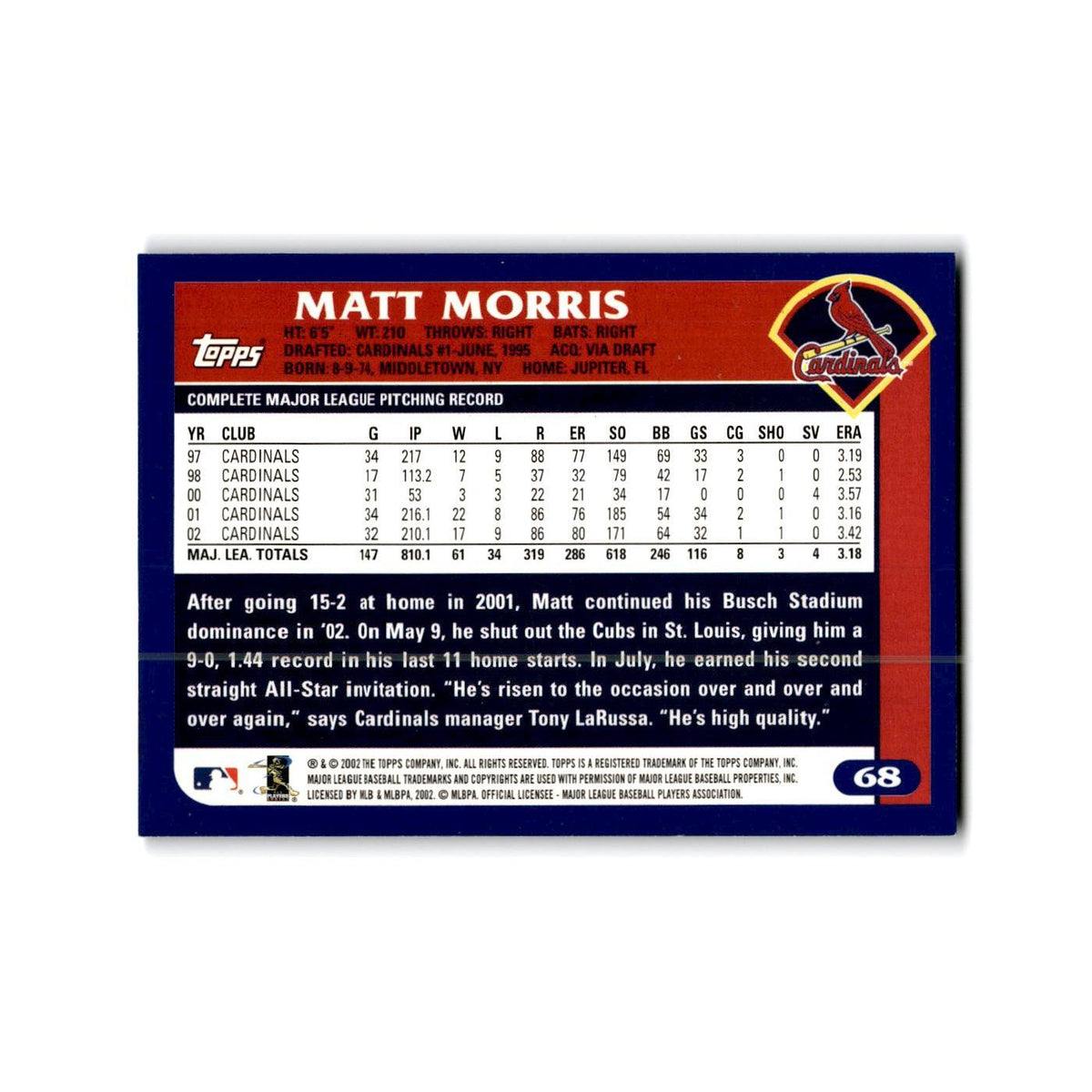Matt Morris 2003 Topps #68 St. Louis Cardinals Baseball Card NM