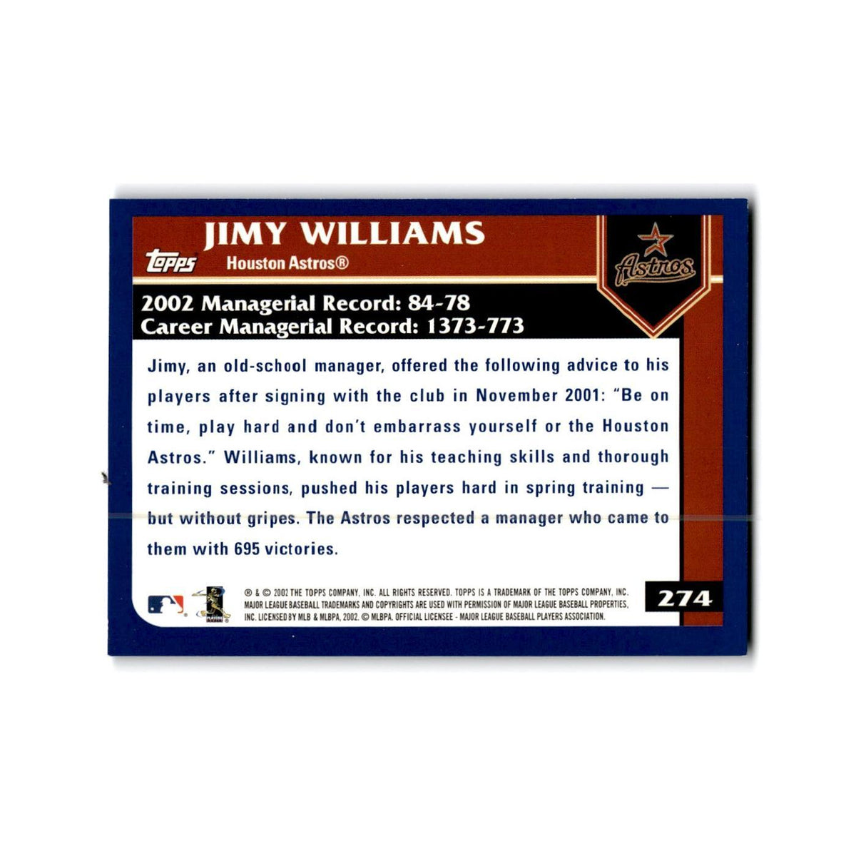 Jimy Williams 2003 Topps #274 Houston Astros Baseball Card NM