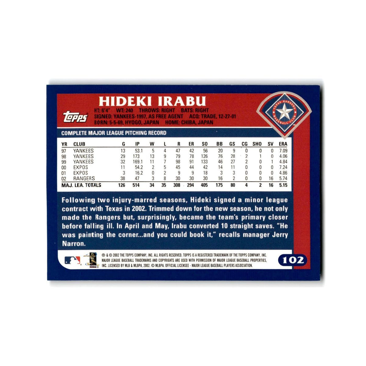 Hideki Irabu 2003 Topps #102 Texas Rangers Baseball Card NM