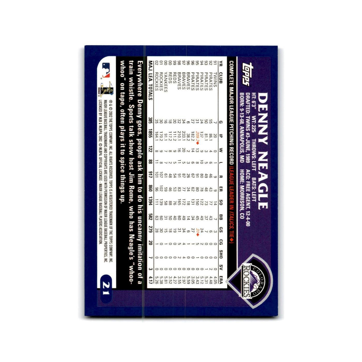 Denny Neagle 2003 Topps #21 Colorado Rockies Baseball Card NM