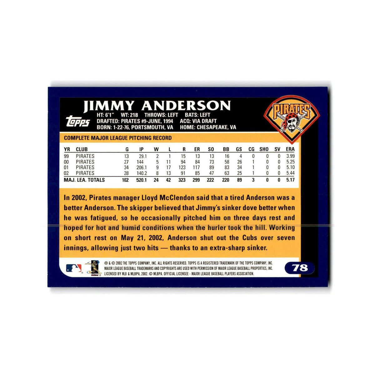 Jimmy Anderson 2003 Topps #78 Pittsburgh Pirates Baseball Card NM