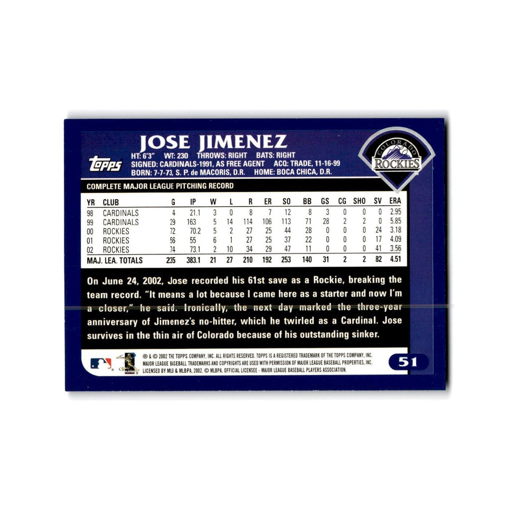 Jose Jimenez 2003 Topps #51 Colorado Rockies Baseball Card NM