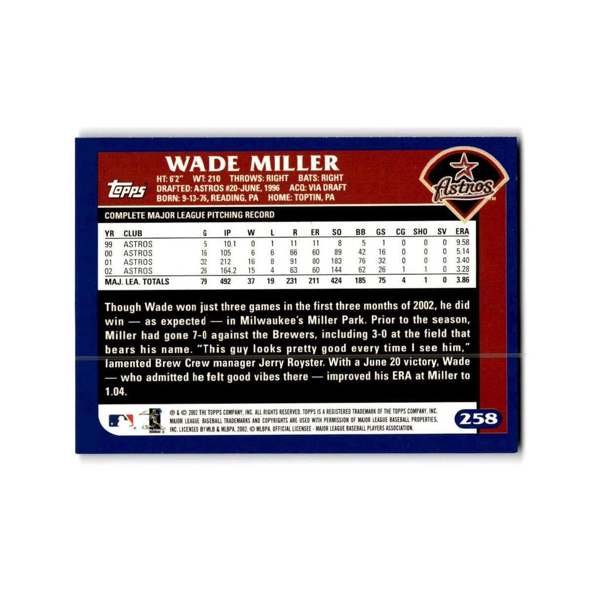 Wade Miller 2003 Topps #258 Houston Astros Baseball Card NM