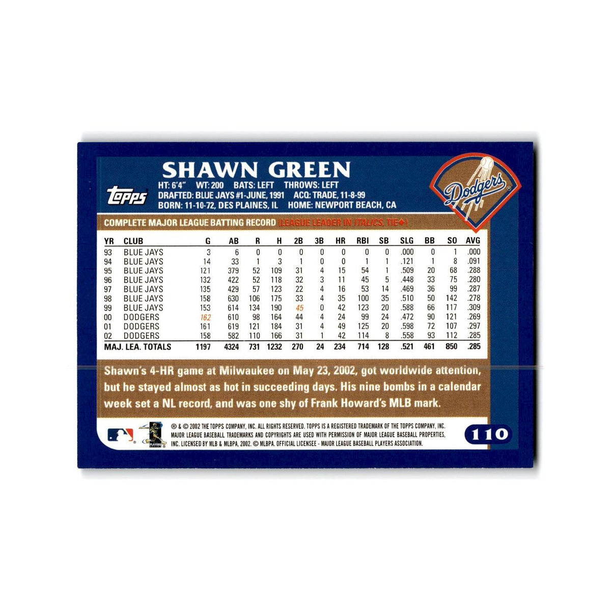 Shawn Green 2003 Topps #110 Los Angeles Dodgers Baseball Card NM