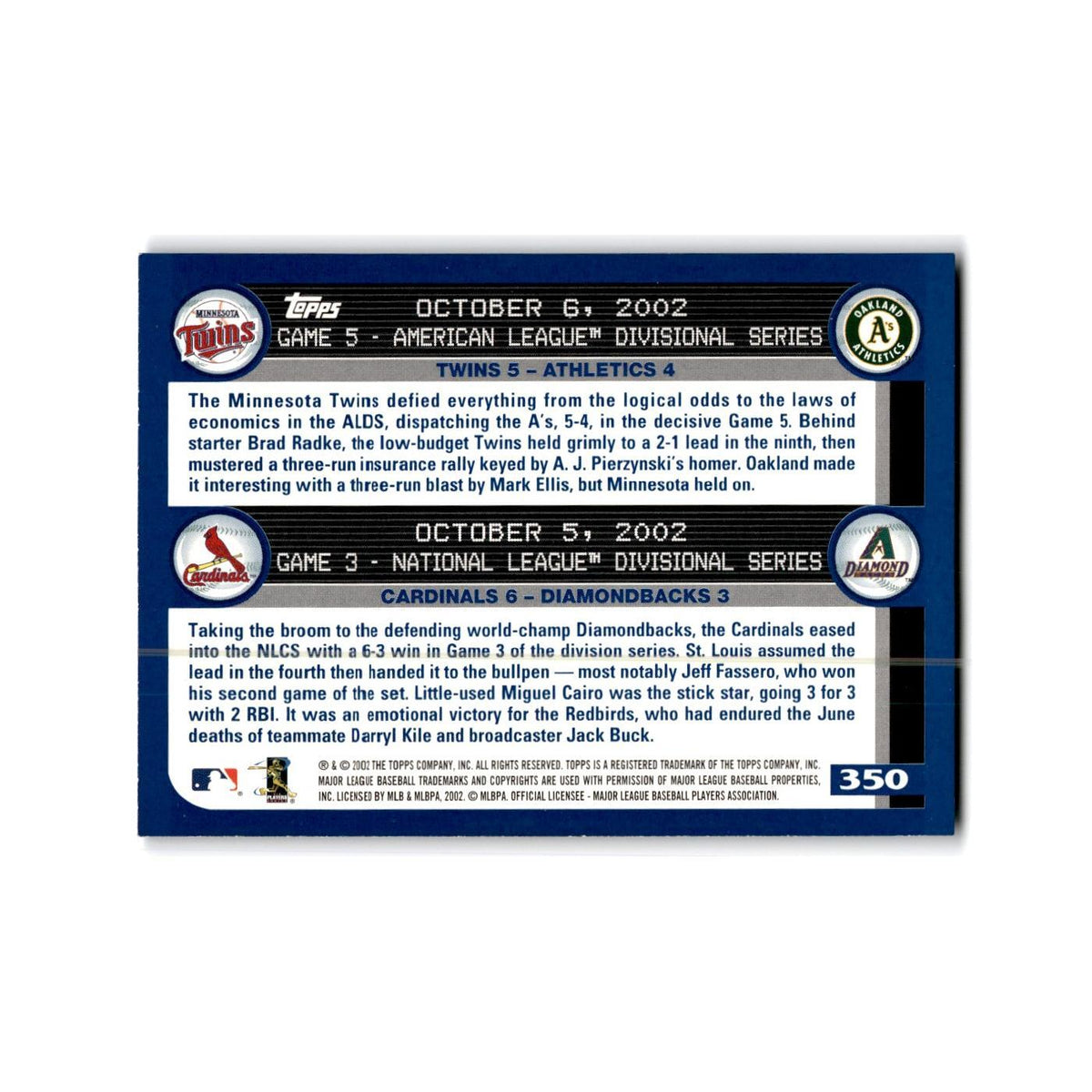 AL NL Division Twins Cards 2003 Topps #350 NM