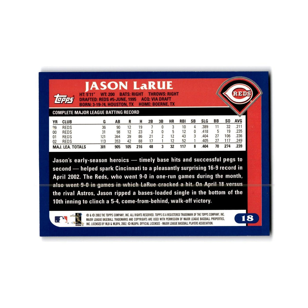 Jason Larue 2003 Topps #18 Cincinnati Reds Baseball Card NM