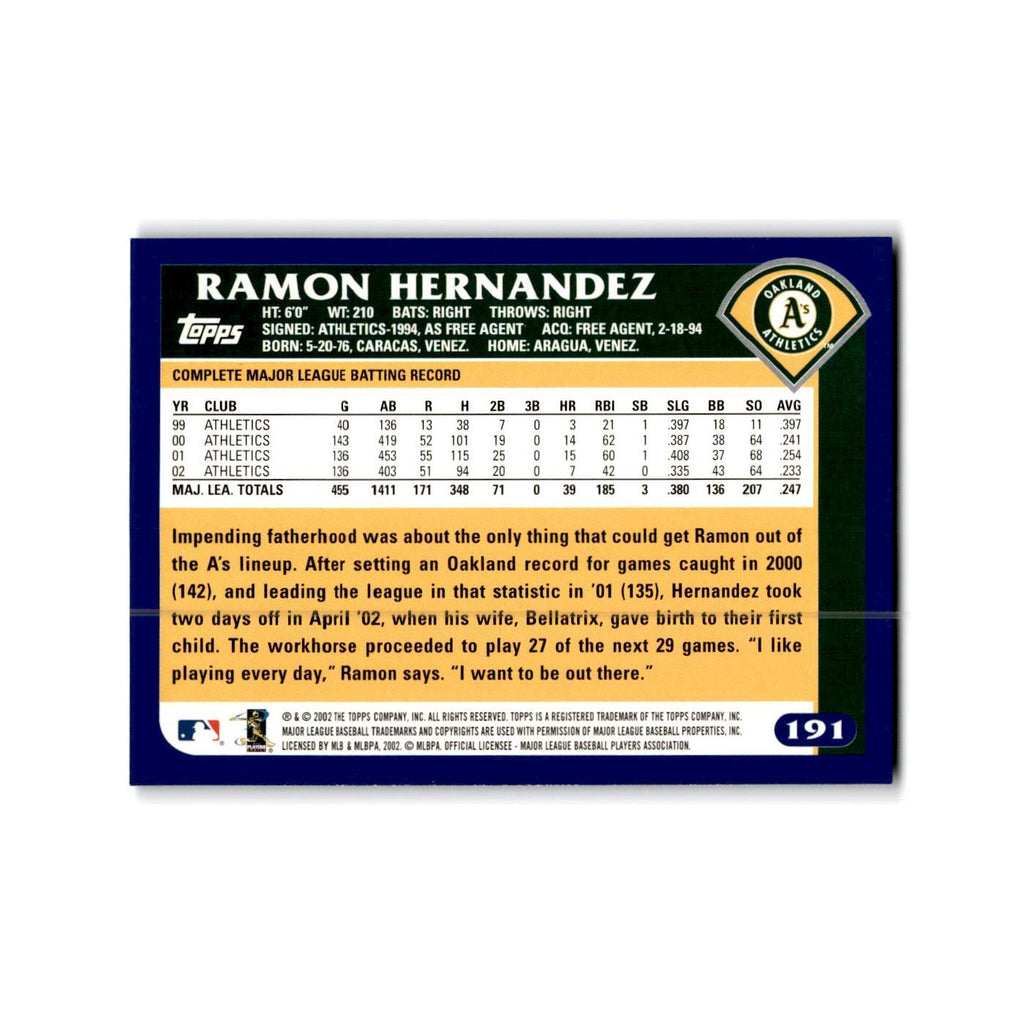 Ramon Hernandez 2003 Topps #191 Oakland Athletics Baseball Card NM