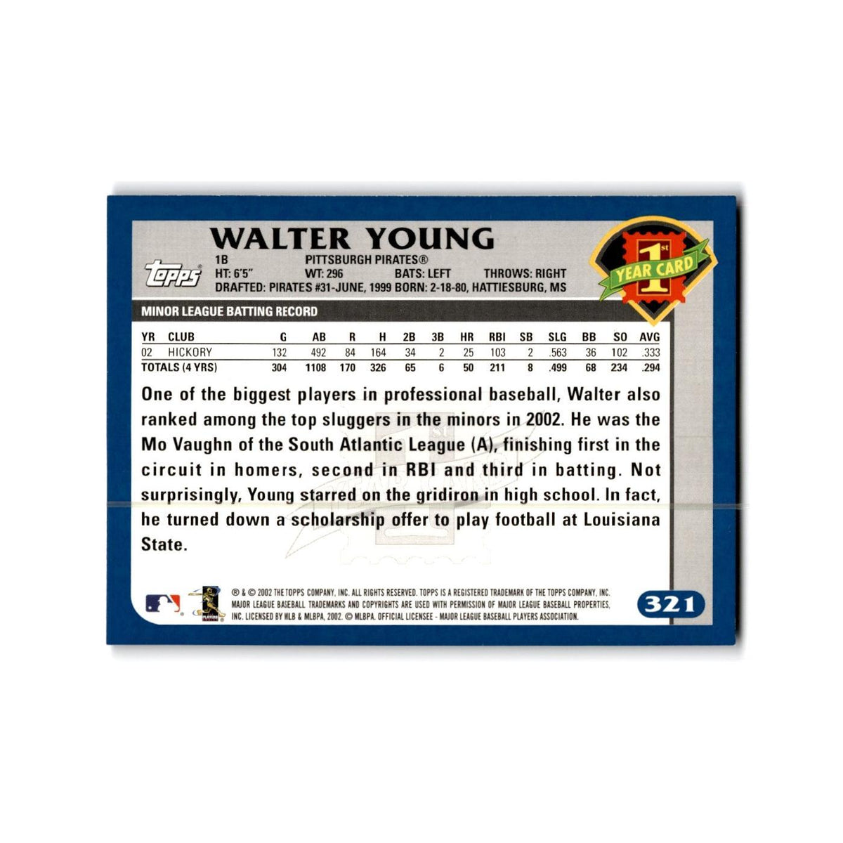 Walter Young Rookie 2003 Topps #321 Pittsburgh Pirates Baseball Card NM