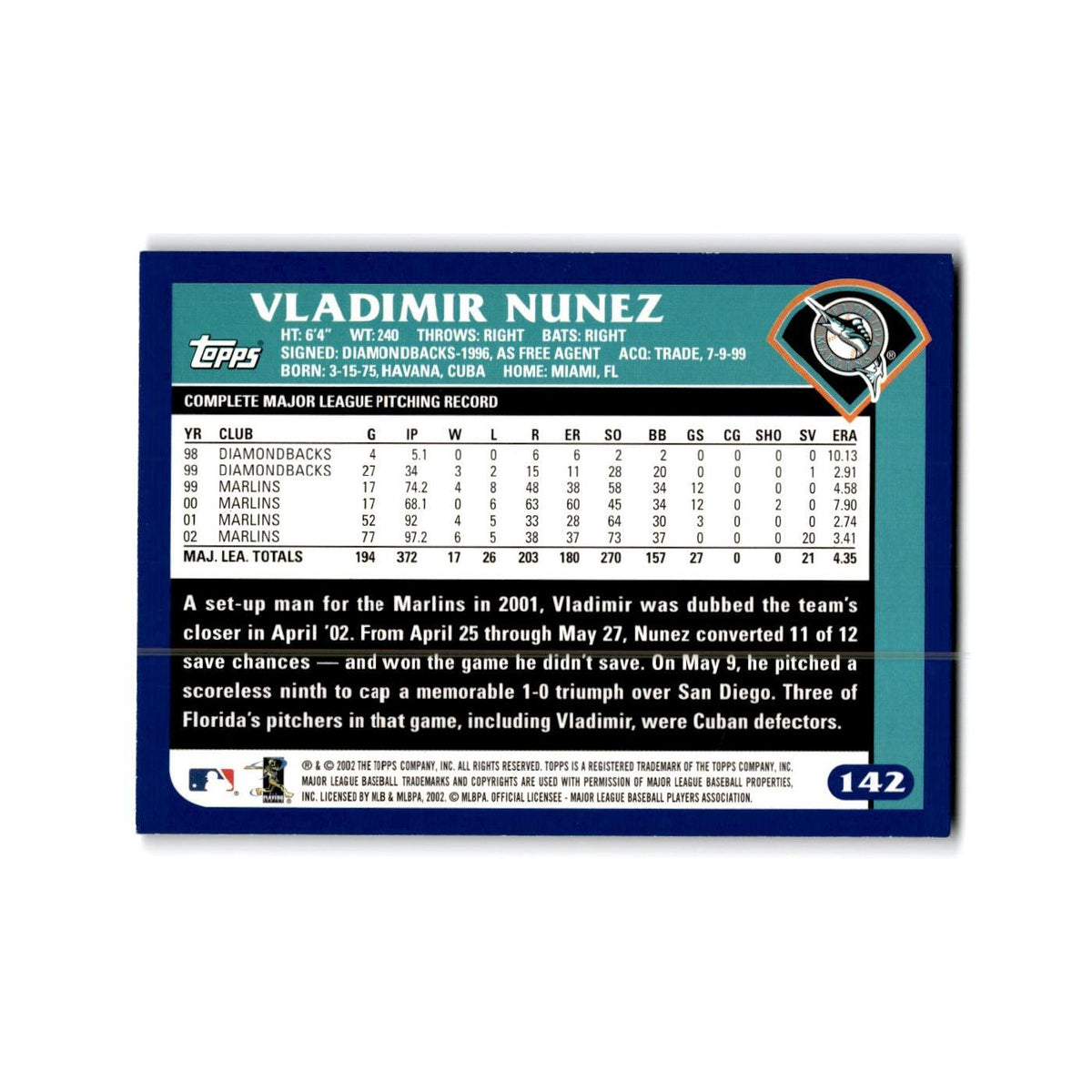 Vladimir Nunez 2003 Topps #142 Florida Marlins Baseball Card NM
