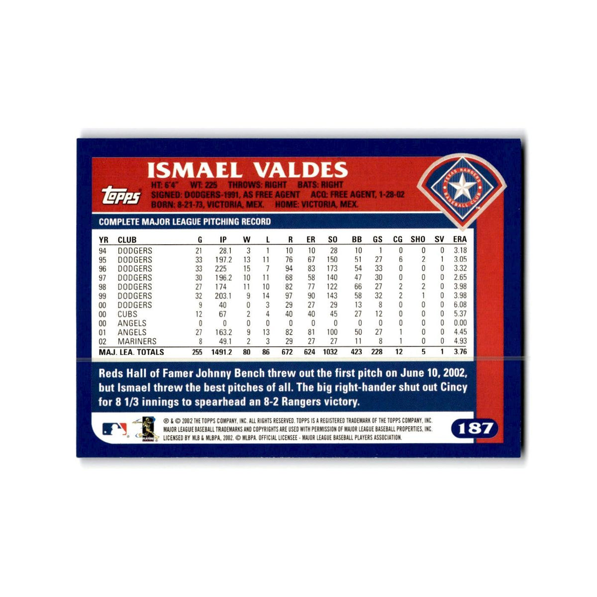 Ismael Valdes 2003 Topps #187 Texas Rangers Baseball Card NM