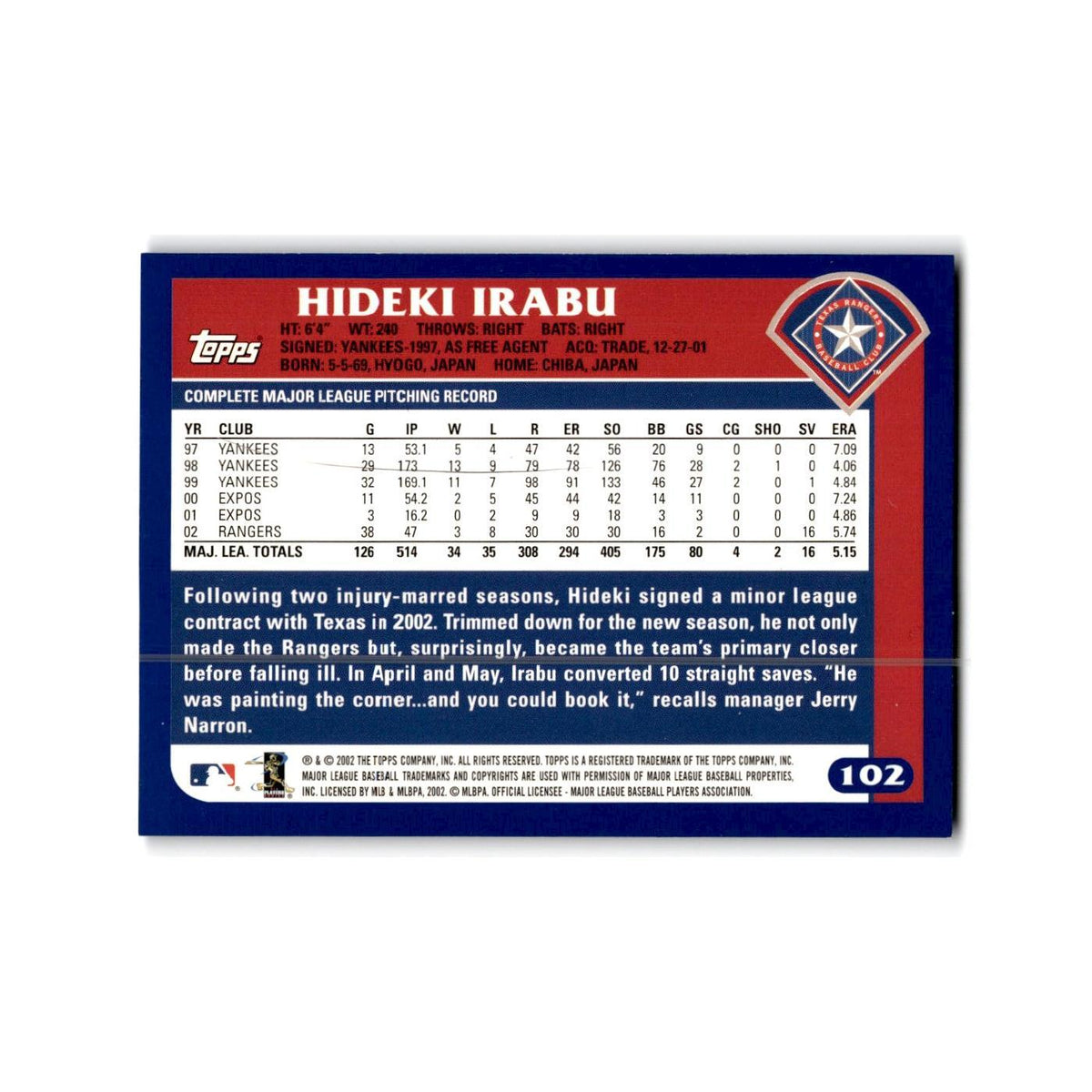 Hideki Irabu 2003 Topps #102 Texas Rangers Baseball Card NM