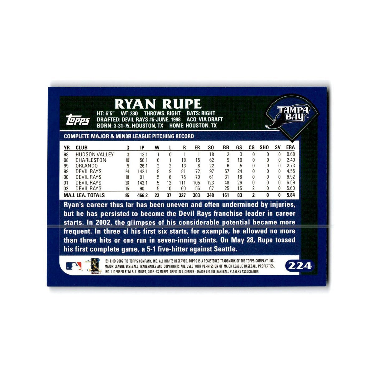 Ryan Rupe 2003 Topps #224 Tampa Bay Devil Rays Baseball Card NM