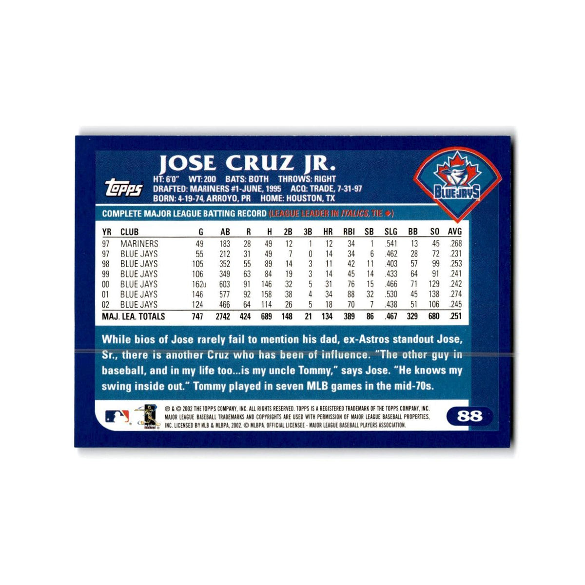 Jose Cruz Jr. 2003 Topps #88 Toronto Blue Jays Baseball Card NM